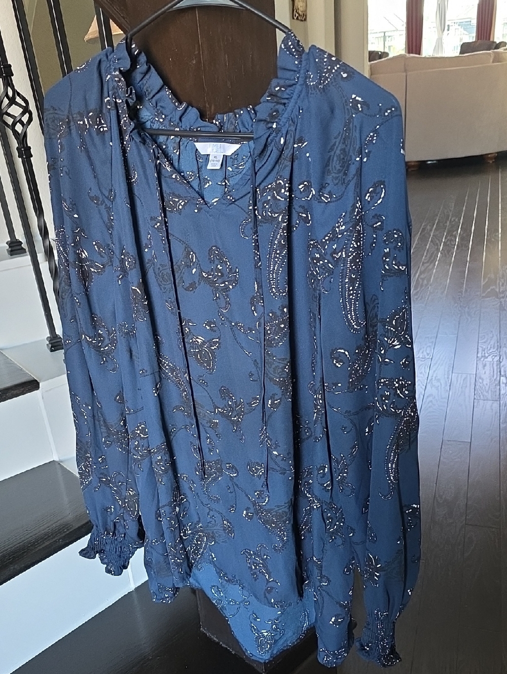 Time and Tru Navy Blue Metallic Paisley Ruffle-Neck Tunic Blouse